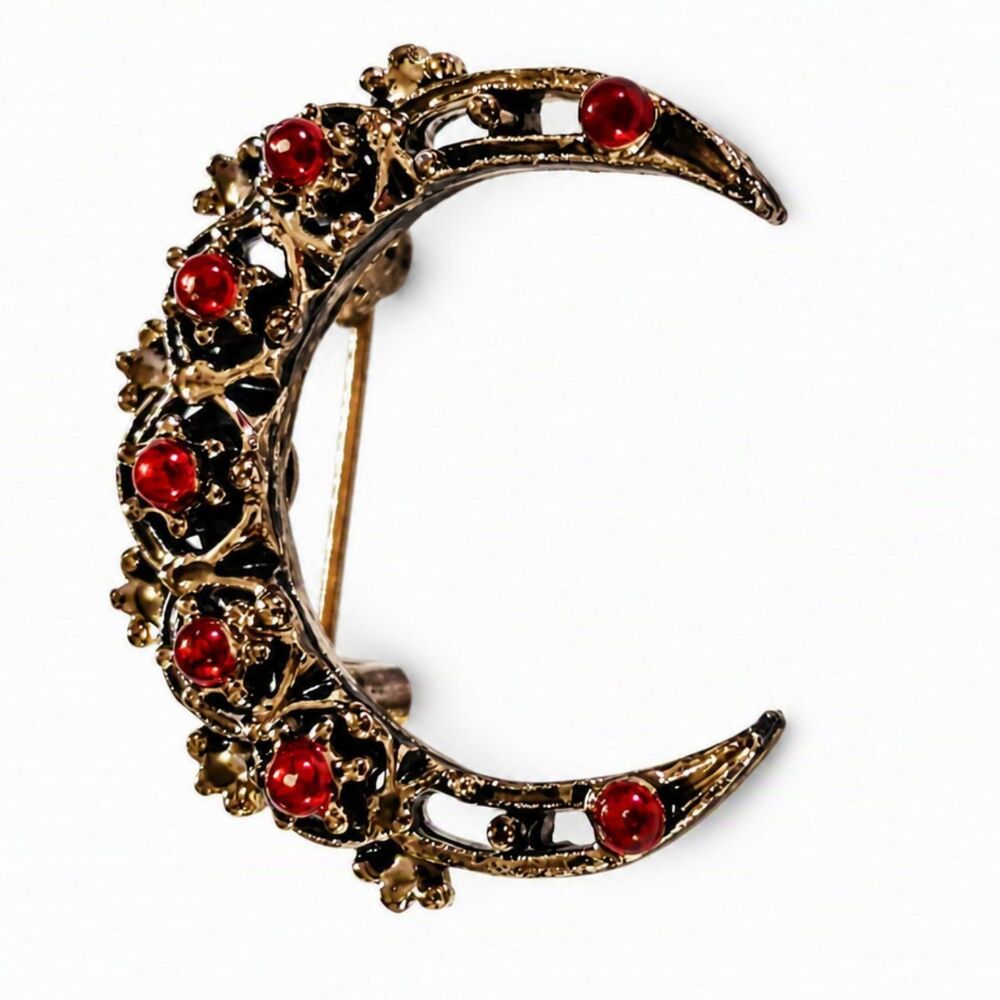 VTG Victorian Style Ornate Gold Tone Red Glass Cabochons Crescent Moon Brooch